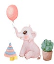 Baby elephant playing with balloon watercolor illustration. Children book illustration character Royalty Free Stock Photo