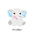 Baby elephant.It`s a boy. Baby shower, birthday greeting card