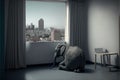 baby elephant sitting in room and watching city, AI generated