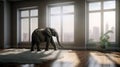 Baby elephant sitting in room and watching city. Generative AI