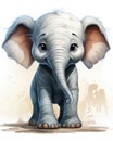 a baby elephant standing on top of a dirty ground next to a white wall. generative ai