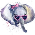 Baby Elephant T-shirt Graphics. Baby Elephant Illustration With Splash Watercolor Textured Background. Unusual Illustration Wate