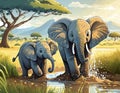 Baby elephants playing in the mud of the savannah Royalty Free Stock Photo