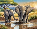 Baby elephants playing in the mud of the savannah Royalty Free Stock Photo