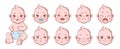 Baby emotions. Cute children emotions laughing and crying, smiling and angry. Baby, newborn portrait face emoji, vector