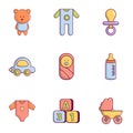 Baby equipment icons set, flat style