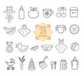 Baby Equipment. Set of Line Icons: Toys, Food, Eat, Crockery.