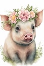baby face portrait pig, animal flower crown white, Watercolor illustration. eautiful poster for decorative design mammal Royalty Free Stock Photo