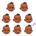 Baby face stickers, various faces and emotions of African infant, little child emotions 3d rendering Royalty Free Stock Photo