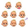 Baby face stickers, various faces and emotions of Caucasian infant, little child emotions 3d rendering Royalty Free Stock Photo