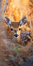 baby fawn is peeking out of the tall grass - wildlife and protection concept - generative AI Royalty Free Stock Photo