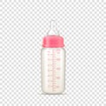 Baby feeding bottle realistic. Baby bottle for girl with pink cap, volume measure for feed formula Royalty Free Stock Photo