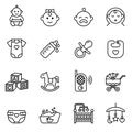 Baby, feeding and care icons set. Line Style stock vector. Royalty Free Stock Photo