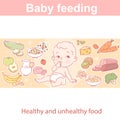 Baby feeding. Cute little baby choosing healthy and unhealthy foods. Royalty Free Stock Photo