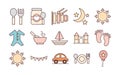 Baby feeding toys and clothes, welcome newborn icons set line and fill design Royalty Free Stock Photo