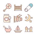 Baby feeding toys and clothes, welcome newborn icons set line and fill design Royalty Free Stock Photo