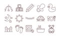 Baby feeding toys and clothes, welcome newborn icons set line and fill design Royalty Free Stock Photo