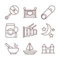 Baby feeding toys and clothes, welcome newborn icons set line and fill design Royalty Free Stock Photo