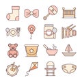 Baby feeding toys and clothes, welcome newborn icons set line and fill design Royalty Free Stock Photo