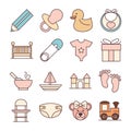 Baby feeding toys and clothes, welcome newborn icons set line and fill design Royalty Free Stock Photo