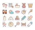 Baby feeding toys and clothes, welcome newborn icons set line and fill design Royalty Free Stock Photo