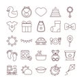 Baby feeding toys and clothes, welcome newborn icons set line and fill design Royalty Free Stock Photo