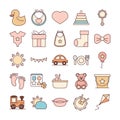 Baby feeding toys and clothes, welcome newborn icons set line and fill design Royalty Free Stock Photo