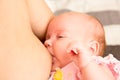 Baby feeds on mother's breasts milk. Infant baby is suckling