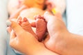 Little legs of a newborn in the hands of female hands Royalty Free Stock Photo