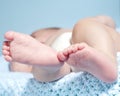 Baby feet baby boy on blue background Royalty Free Stock Photo