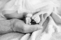 Baby feet in father hands. Tiny newborn baby`s feet on male hands closeup. Dad and his child. Happy Family concept. Beautiful Royalty Free Stock Photo