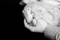 Baby feet in father hands. Tiny Newborn Baby`s feet on male hands closeup. Dad and his child. Happy Family concept. Beautiful Royalty Free Stock Photo