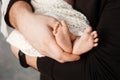 Baby feet in father hands. Tiny Newborn Baby`s feet on male Shaped hands closeup. Dad and his Child. Happy Family concept. Royalty Free Stock Photo