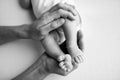 Baby feet in the hands of mother, father, older brother or sister, family. Royalty Free Stock Photo