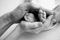 Baby feet in the hands of mother, father, older brother or sister, family. Royalty Free Stock Photo