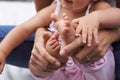 Baby, feet and mom hands with love, bonding and child care with parenting and youth outdoor. Family, support and young Royalty Free Stock Photo