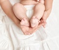 Baby feet in mother hand, health care concept, body and skin Royalty Free Stock Photo