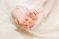 Baby feet in mother hands. Mom and her child. Happy family concept. Beautiful conceptual image of Maternity Royalty Free Stock Photo