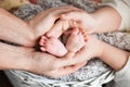 Baby feet in parents hands. Tiny Newborn Baby's feet on parents Royalty Free Stock Photo