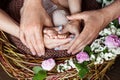 Baby feet in parents hands. Tiny Newborn Baby`s feet on parents shaped hands closeup. Parents and they Child. Happy Family concep Royalty Free Stock Photo