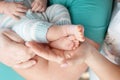 Baby feet in parents hands. Tiny Newborn Baby`s feet on parents shaped hands closeup. Parents and they Child. Happy Family concep Royalty Free Stock Photo