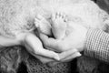 Baby feet in parents hands. Tiny Newborn Baby`s feet on parents shaped hands closeup. Parents and they Child. Happy Family concep Royalty Free Stock Photo