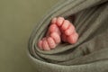 Baby feet. The tiny foot of a newborn in soft selective focus. Image of the soles of the feet. Royalty Free Stock Photo