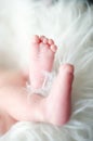 Baby feet on the white fur. Family love concept. Newborn beauty. Royalty Free Stock Photo