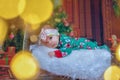 Baby first christmas. Beautiful little baby celebrates Christmas. New Year`s holidays