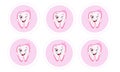 Baby first tooth for girls. Tooth with crown vector set for sticker or design element