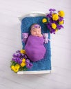 Baby and flower, newborn sleep in the bed, girl photo, little babies Royalty Free Stock Photo