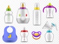 Baby food accessories. Realistic milk bottles, rubber pacifier, heater and manual breast pump, children nutrition