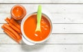 Baby food. Baby puree from fresh carrots with a spoon. Royalty Free Stock Photo