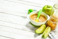 Baby food. Baby puree from fresh green apples. Royalty Free Stock Photo
